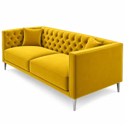 Mustard velvet tufted sofa with matching cushions in Dubai