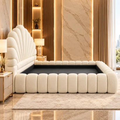Close-up of the textured cream upholstery and shell-shaped bed headboard