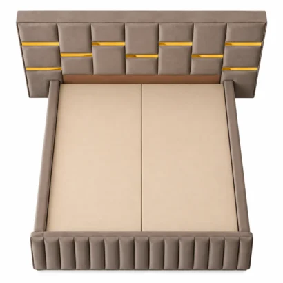 Taupe geometric upholstered platform bed viewed from above in Dubai UAE