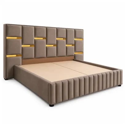 Luxury taupe platform bed with upholstered side rails and padded headboard Dubai