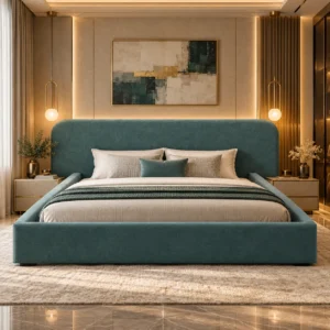Teal upholstered platform bed in a modern bedroom in Dubai