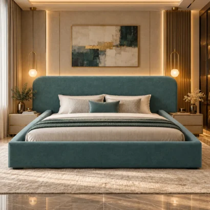 Teal upholstered platform bed in a modern bedroom in Dubai