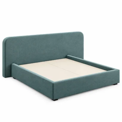 Modern teal upholstered bed frame with matching footboard, side angle