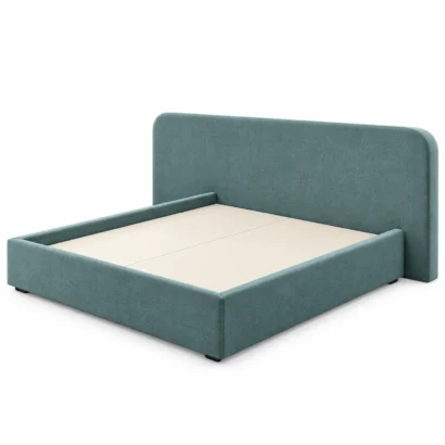 Teal fabric platform bed with rounded headboard, angled view