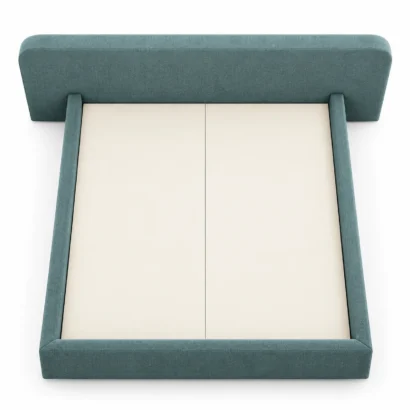 Top view of teal upholstered platform bed frame with matching side rails
