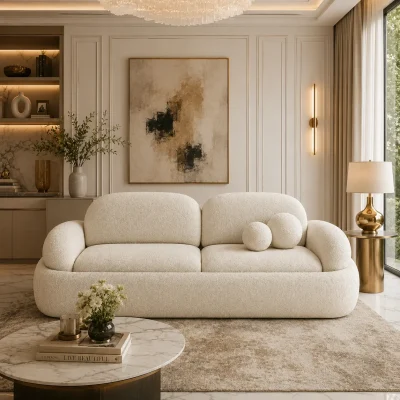 Puffed boucle sofa styled in a luxury Dubai living room